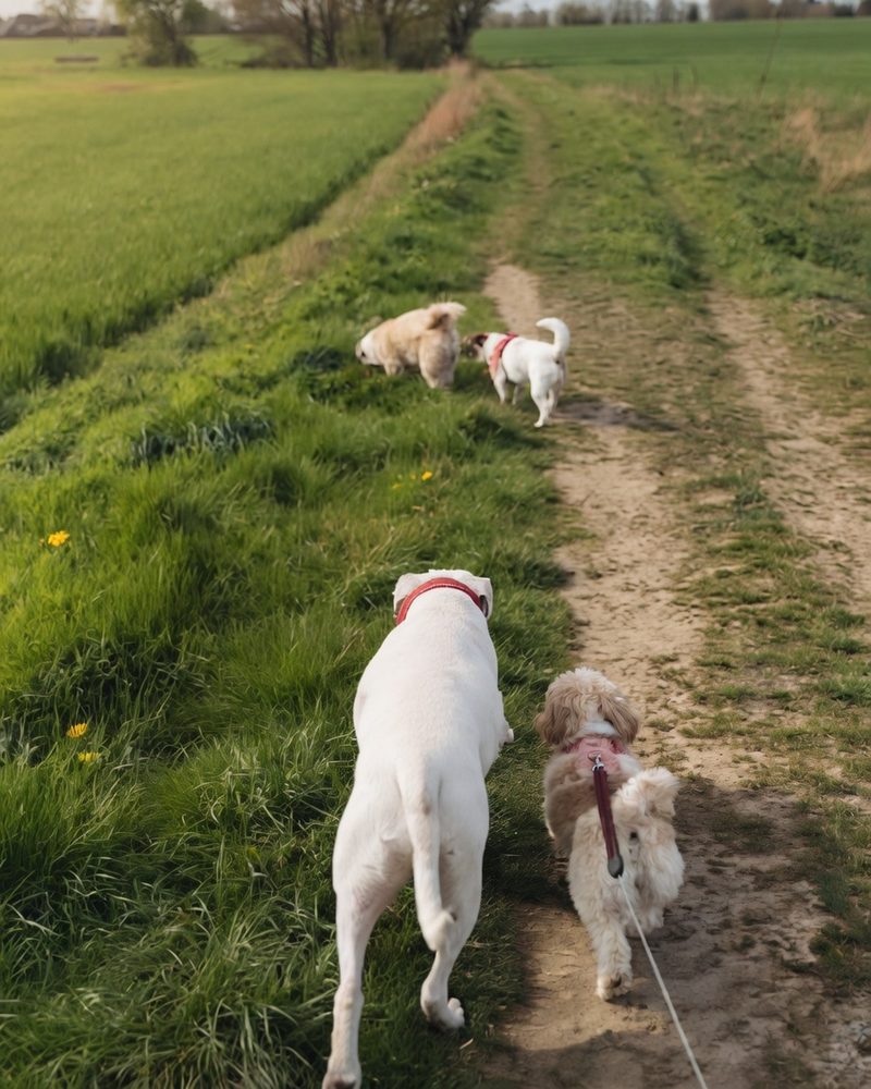 Dogs walking along a countryside path