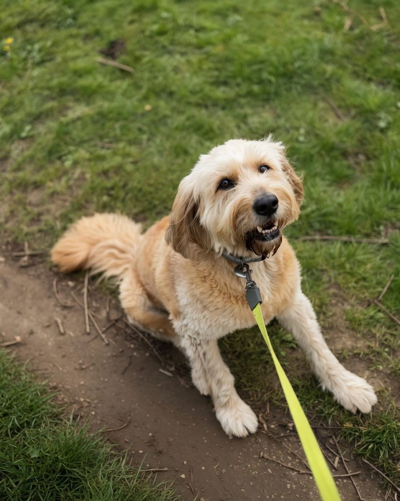 Cream dog on a lead looking up during a walk
