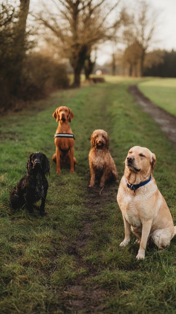 Four happy dogs on a grassy path